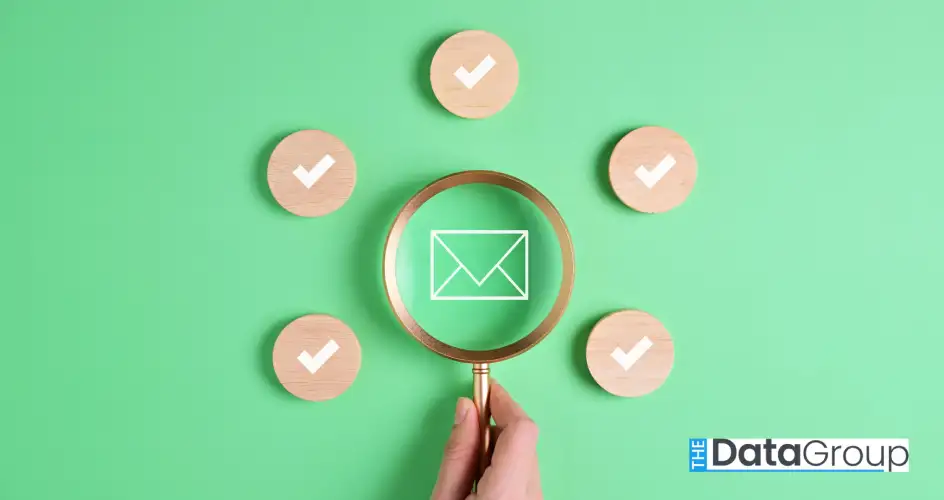 A hand holds a gold-trimmed magnifying glass over a white email message icon. The email icon is set against a light green background, surrounded by five light-wood discs with white checkmarks. This professional, cleanly-composed photo illustrates concepts such as digital communication, auditing email accounts, message delivery, and email marketing effectiveness. Perfect for projects centered around business, technology, process optimization, and communications.